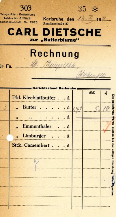 Carl Dietsche zur “Butterblume”   - Rechnung - 14.02.1930