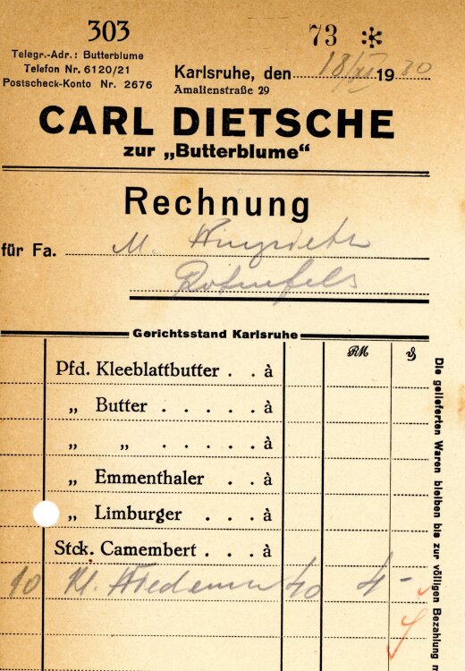 Carl Dietsche zur “Butterblume”   - Rechnung  - 18.11.1930