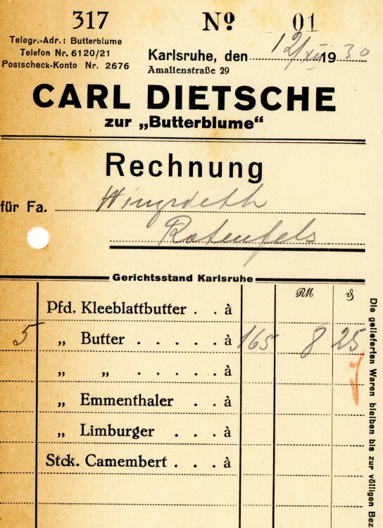 Carl Dietsche zur “Butterblume”   - Rechnung  - 12.12.1930