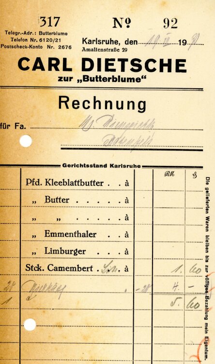 Carl Dietsche zur “Butterblume”   - Rechnung...