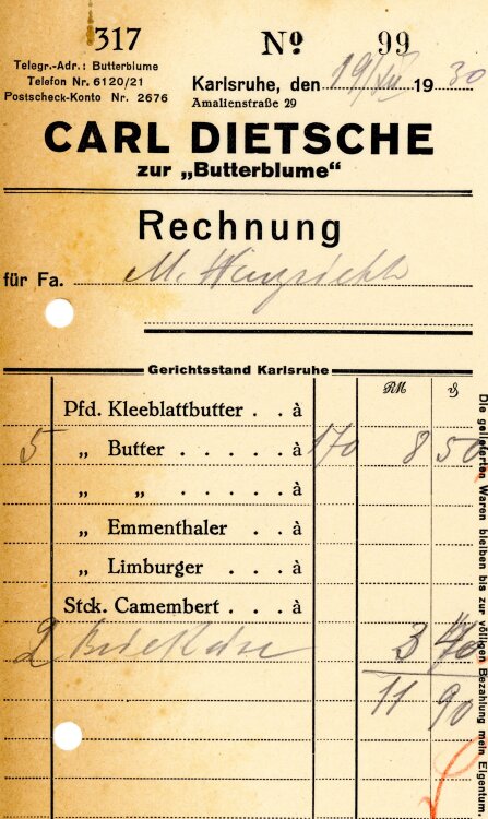 Carl Dietsche zur “Butterblume”   - Rechnung  - 19.12.1930