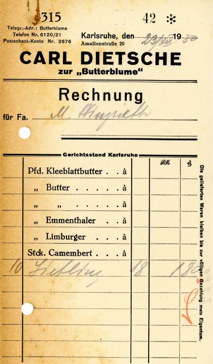 Carl Dietsche zur “Butterblume”   - Rechnung  - 23.12.1930