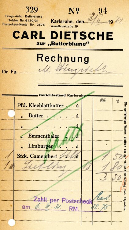 Carl Dietsche zur “Butterblume”   - Rechnung  - 03.02.1931