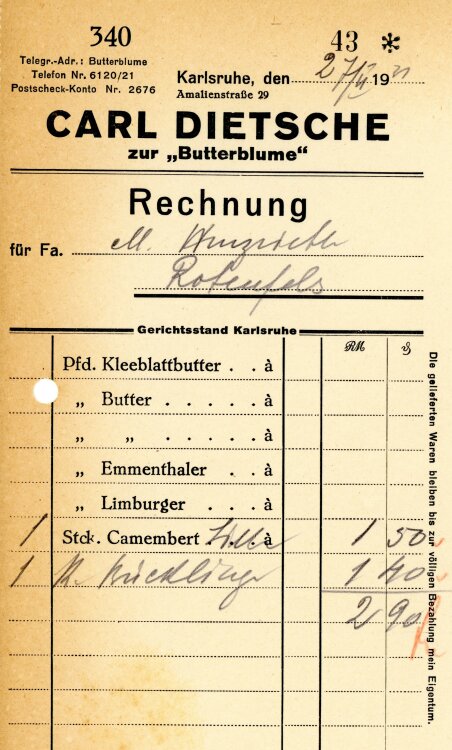 Carl Dietsche zur “Butterblume”   - Rechnung  - 27.02.1931