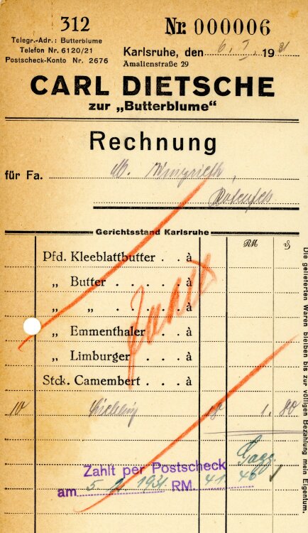 Carl Dietsche zur “Butterblume”   - Rechnung  - 06.01.1931