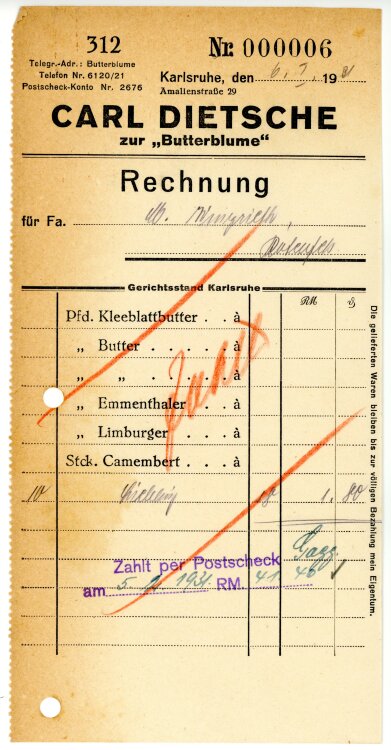 Carl Dietsche zur “Butterblume”   - Rechnung  - 06.01.1931