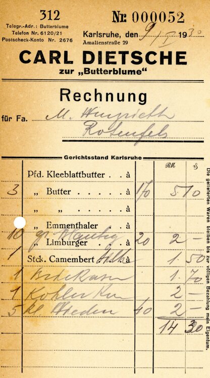 Carl Dietsche zur “Butterblume” - Rechnung  -...