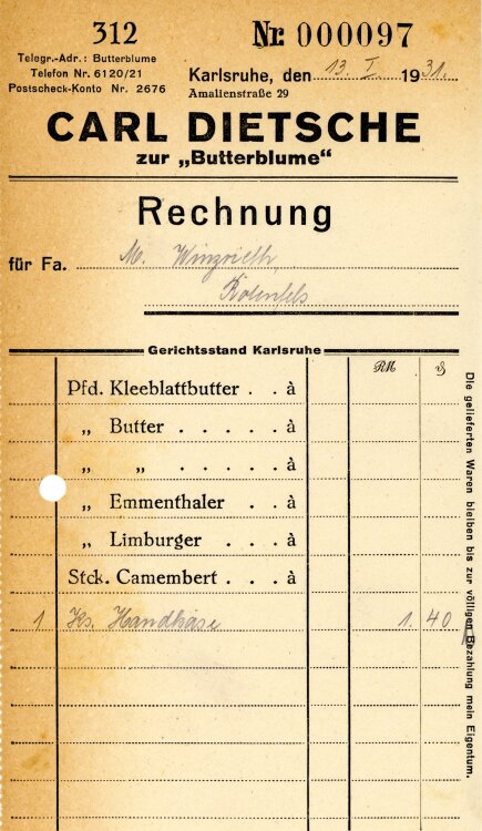 Carl Dietsche zur “Butterblume”   - Rechnung  - 13.01.1931