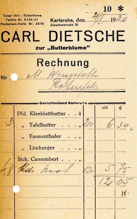 Carl Dietsche zur “Butterblume”   - Rechnung  - 21.01.1930