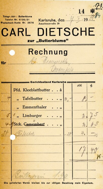 Carl Dietsche zur “Butterblume”   - Rechnung  - 07.02.1930