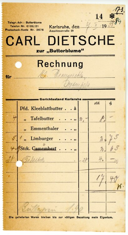 Carl Dietsche zur “Butterblume”   - Rechnung  - 07.02.1930