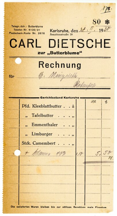 Carl Dietsche zur “Butterblume”   - Rechnung  - 28.02.1930