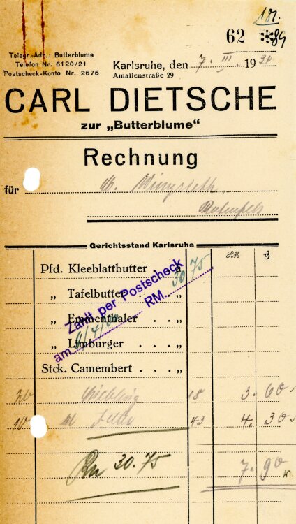 Carl Dietsche zur “Butterblume”   - Rechnung  - 07.03.1930