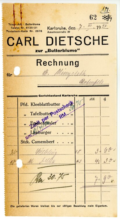 Carl Dietsche zur “Butterblume”   - Rechnung  - 07.03.1930