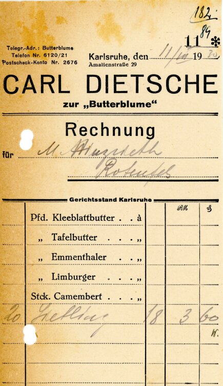 Carl Dietsche zur “Butterblume”   - Rechnung  - 11.03.1930