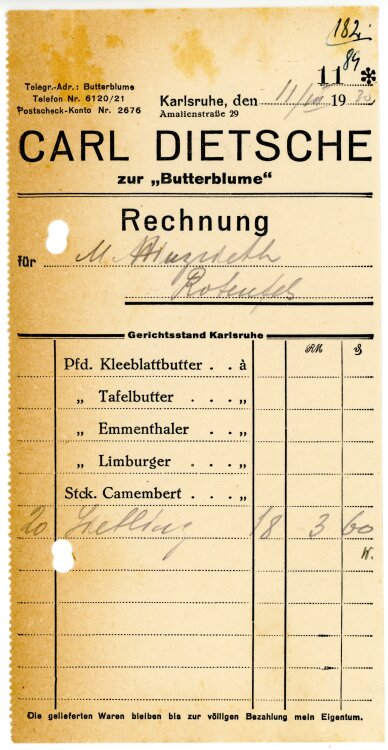 Carl Dietsche zur “Butterblume”   - Rechnung  - 11.03.1930