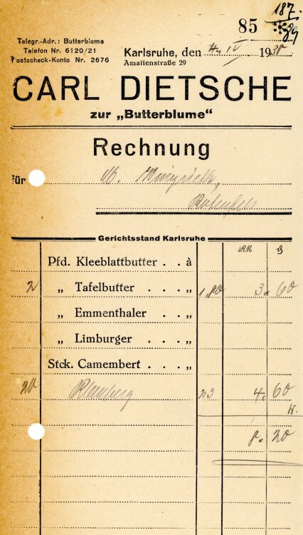 Carl Dietsche zur “Butterblume”   - Rechnung  - 04.04.1930