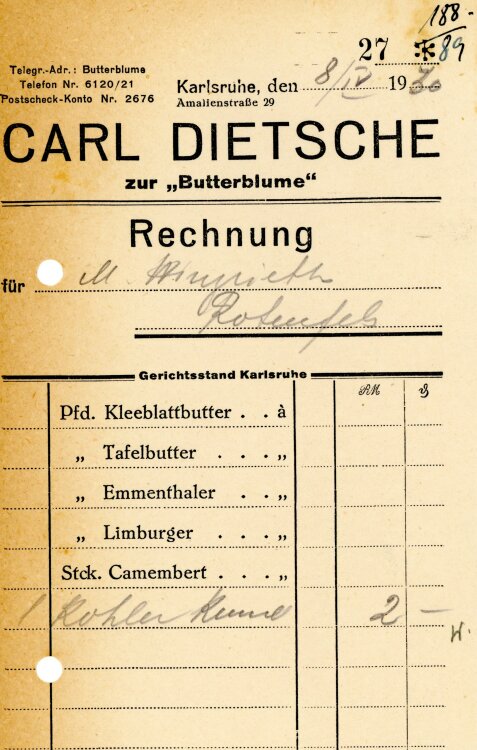 Carl Dietsche zur “Butterblume”   - Rechnung  - 08.04.1930