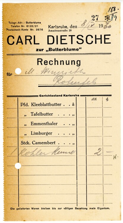 Carl Dietsche zur “Butterblume”   - Rechnung  - 08.04.1930