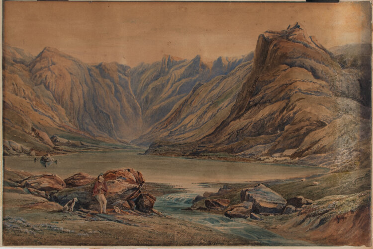 Unbekannt - Berglandschaft mit See und Wanderer - o.J. - Aquarell