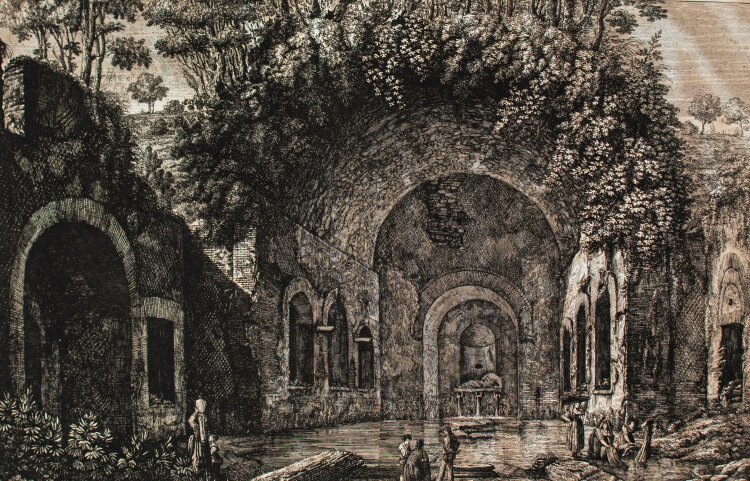 Luigi Rossini - Veduta della Fonte, e delle Spelonche dEgeria - fuori di Porta Capena - 1823 - Radierung