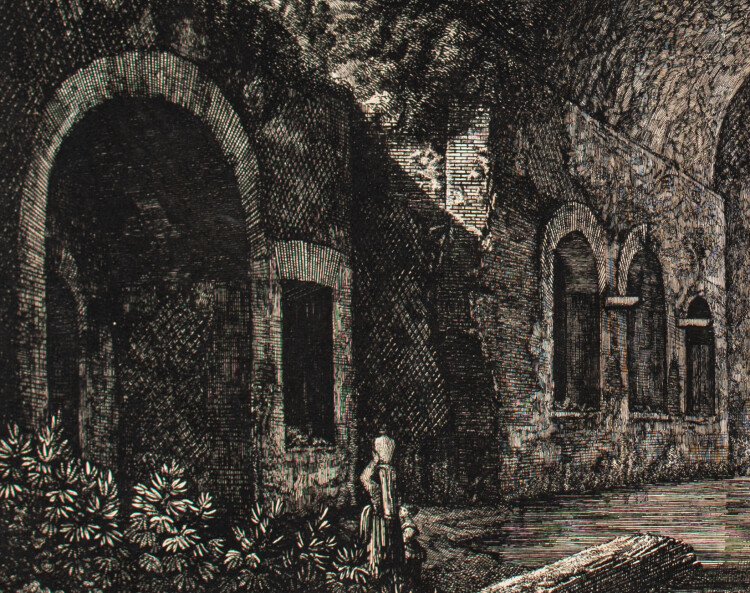 Luigi Rossini - Veduta della Fonte, e delle Spelonche dEgeria - fuori di Porta Capena - 1823 - Radierung