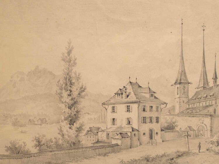 Josef Bitter signiert (unter Künstler Unbekannt) - Stadtmauer am See - Ende 1800 - Zeichnung, Bleistift