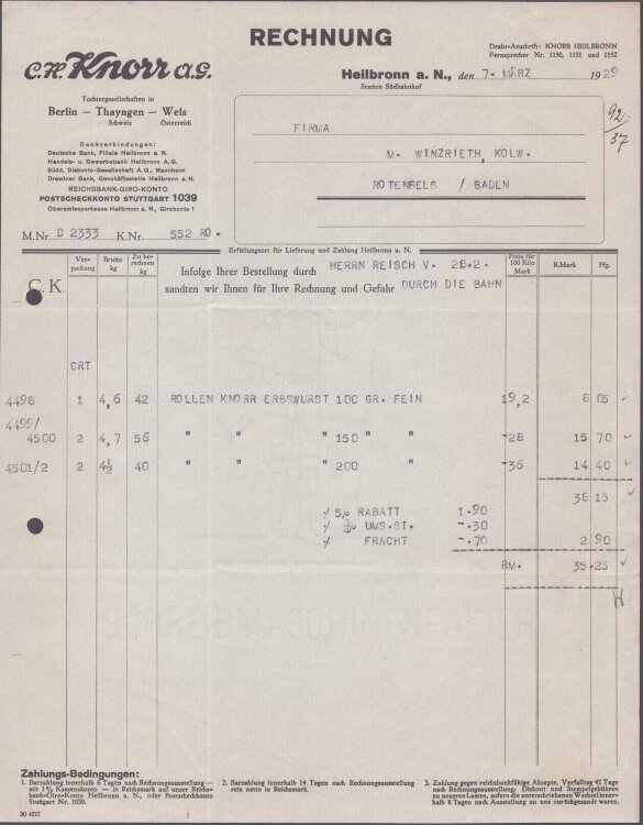 C H Knorr AG - Rechnung - 07.03.1929