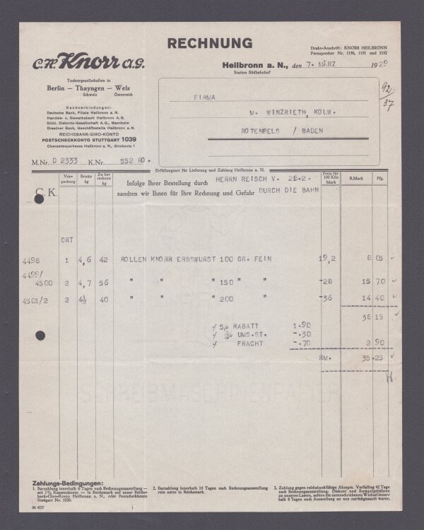 C H Knorr AG - Rechnung - 07.03.1929