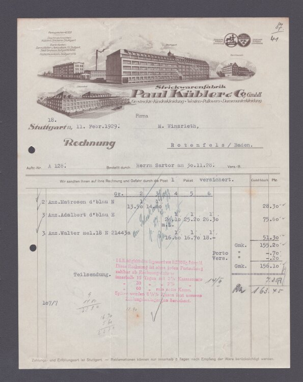 Srickwarenfabrik Paul Kübler u Co Gestrikte Kinderkleidung Westen Pullovers Damenunterkleidung - Rechnung - 11.02.1929