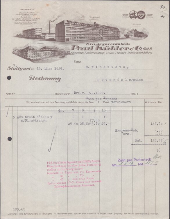 Srickwarenfabrik Paul Kübler u Co Gestrikte Kinderkleidung Westen Pullovers Damenunterkleidung - Rechnung - 16.03.1929
