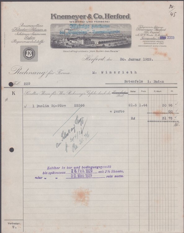 Knemeier u Co Weberei und Färberei - Rechnung - 30.11929