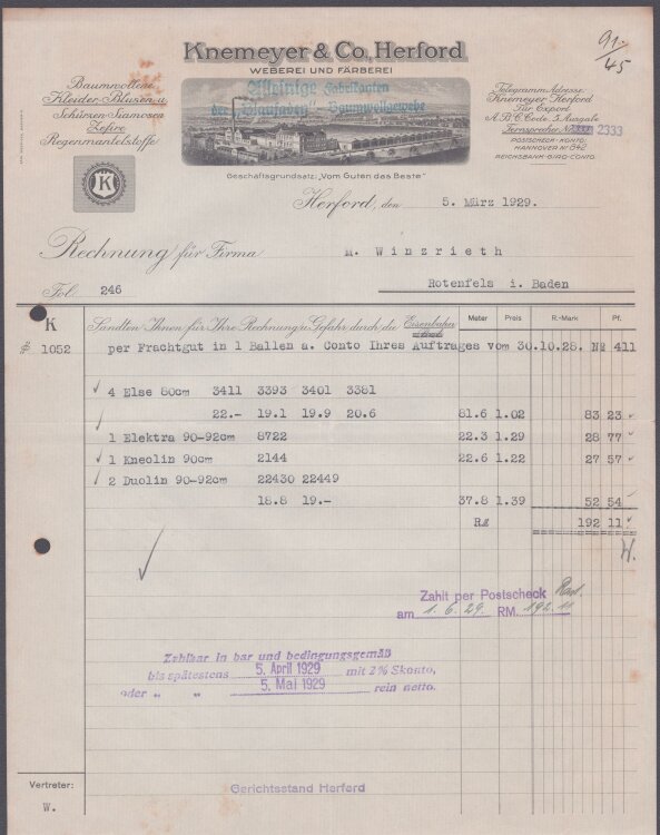 Knemeier u Co Weberei und Färberei - Rechnung - 05.03.1929