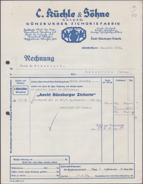 C Küchle u Söhne GmbH u Co Grünzburger Zichoriefabrik - Rechnung - 14.04.1929