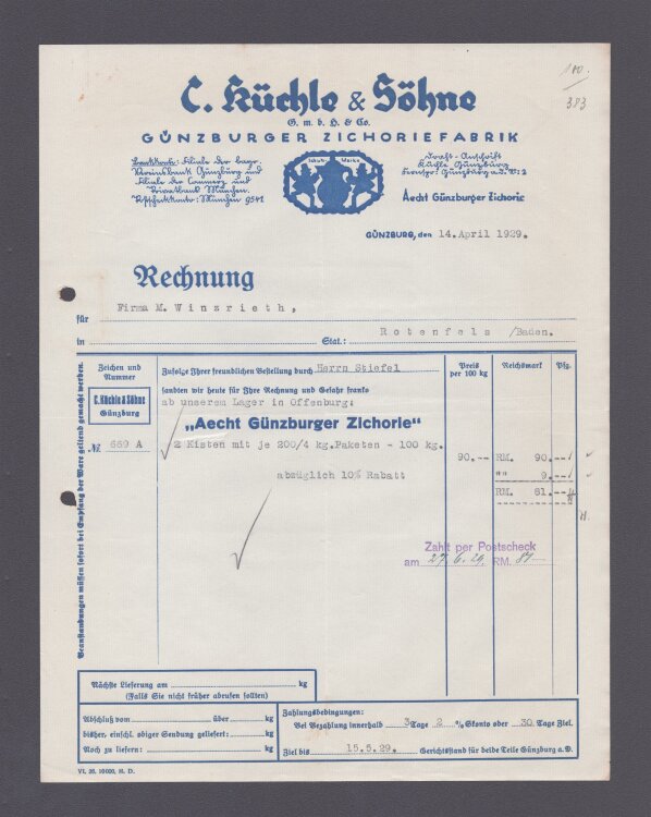 C Küchle u Söhne GmbH u Co Grünzburger Zichoriefabrik - Rechnung - 14.04.1929