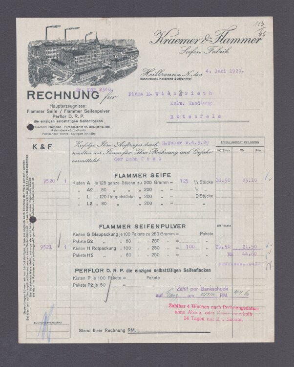 Kraemer u Flammer Seifen Frabrik - Rechnung - 04.06.1929