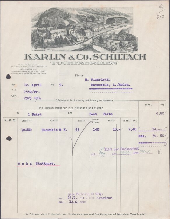 Karlin u Co Tuchfabriken - Rechnung - 12.04.1929