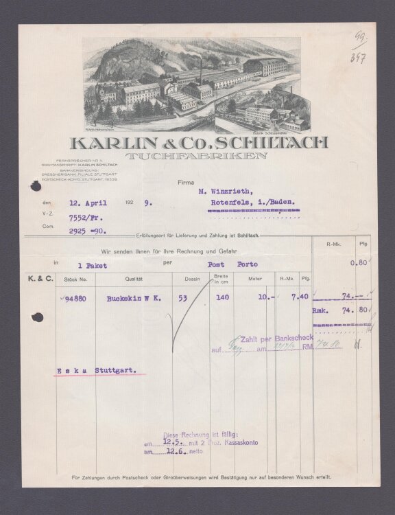 Karlin u Co Tuchfabriken - Rechnung - 12.04.1929