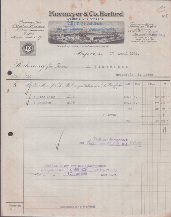 Knemeier u Co Weberei und Färberei - Rechnung - 17.04.1929