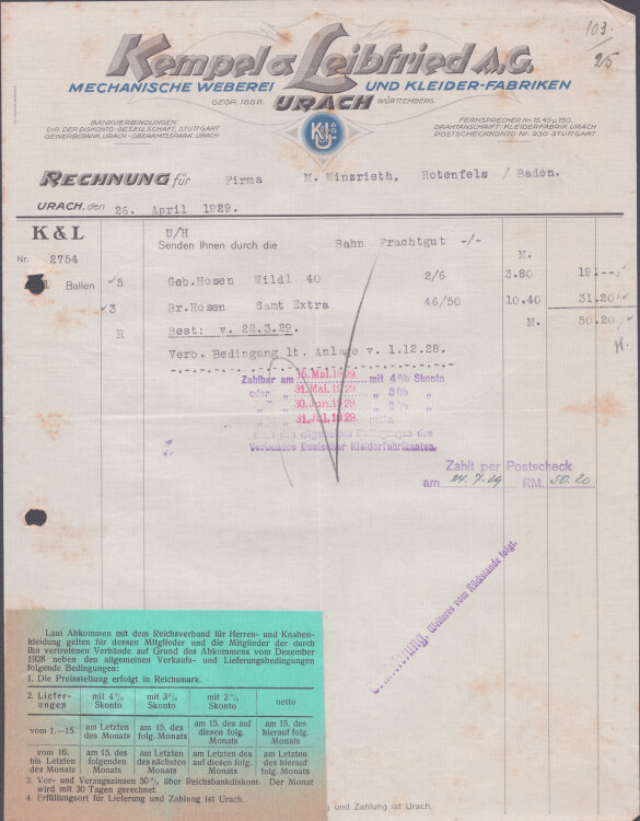 Kempel Leibfeld Mechanische Weberei und Kleiderfabriken - Rechnung - 26.04.1929