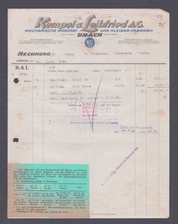 Kempel Leibfeld Mechanische Weberei und Kleiderfabriken - Rechnung - 26.04.1929