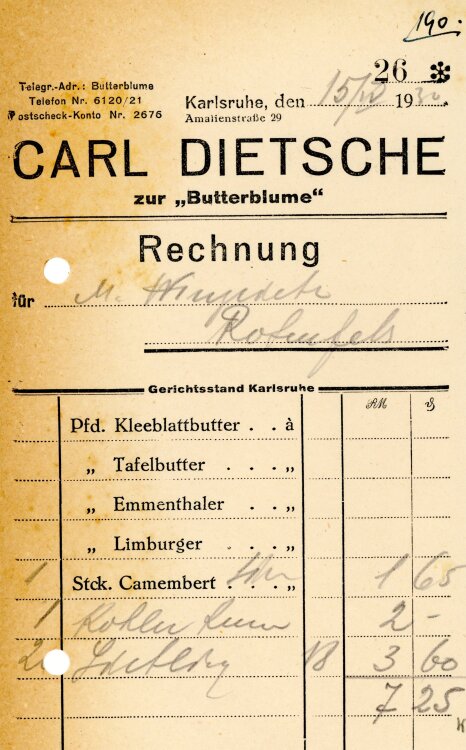 Carl Dietsche zur “Butterblume”   - Rechnung  - 15.06.1930