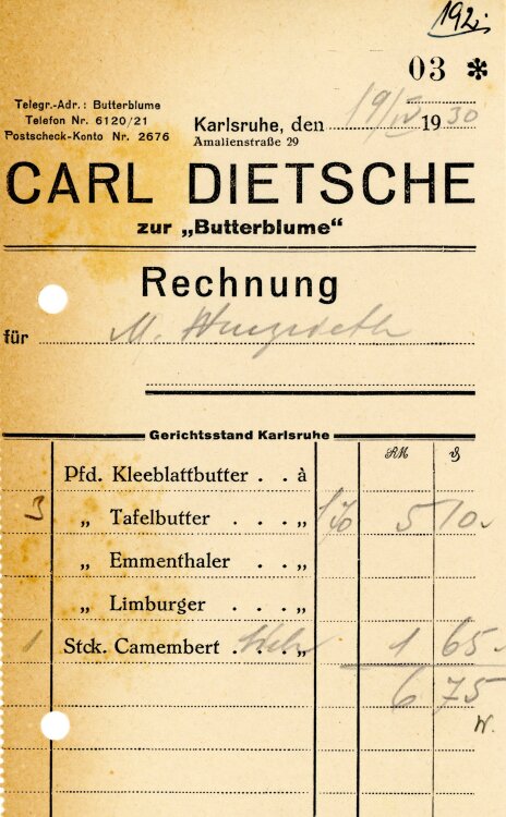 Carl Dietsche zur “Butterblume”   - Rechnung...