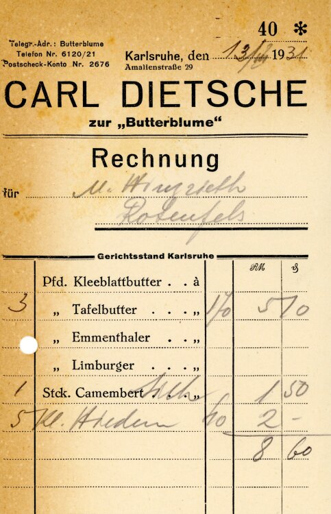 Carl Dietsche zur “Butterblume”   - Rechnung  - 13.03.1931