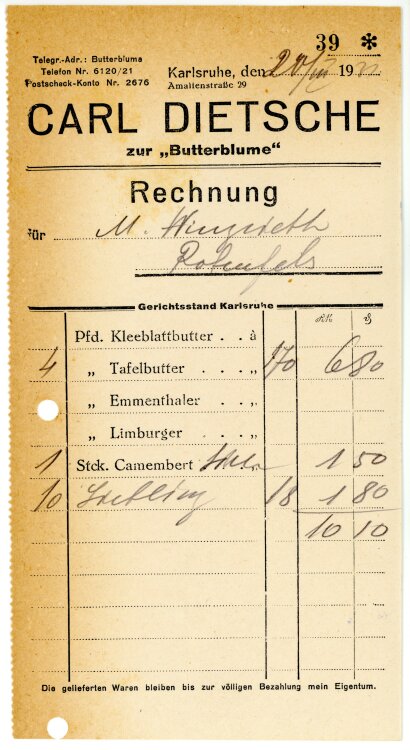 Carl Dietsche zur “Butterblume”   - Rechnung  - 20.03.1931