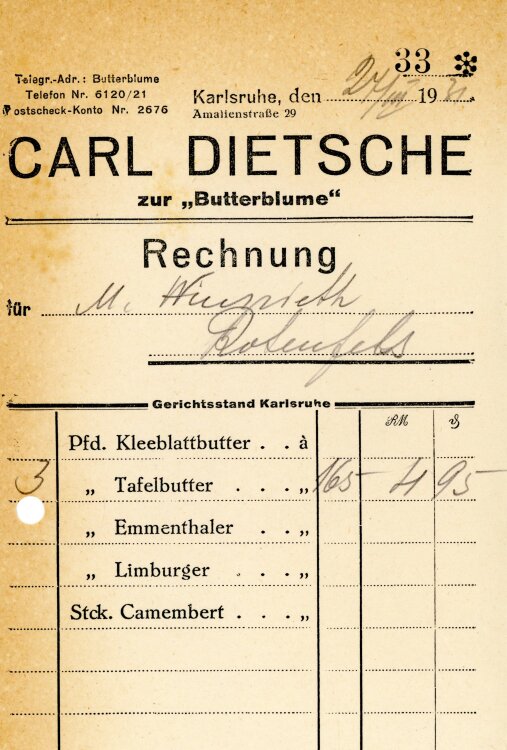 Carl Dietsche zur “Butterblume”   - Rechnung  - 27.03.1931