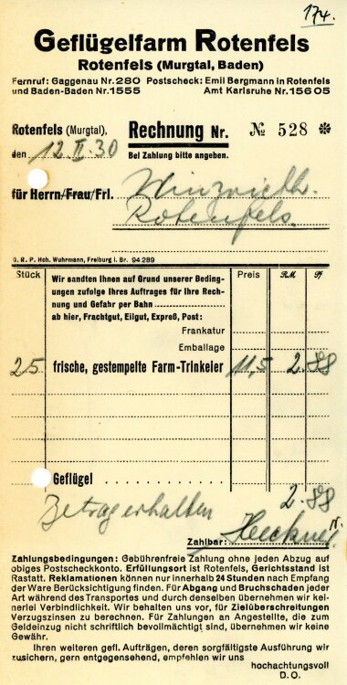 Geflügelfarm Rotenfels - Rechnung  - 12.02.1930