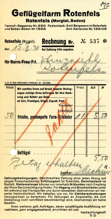 Geflügelfarm Rotenfels - Rechnung  - 15.02.1930