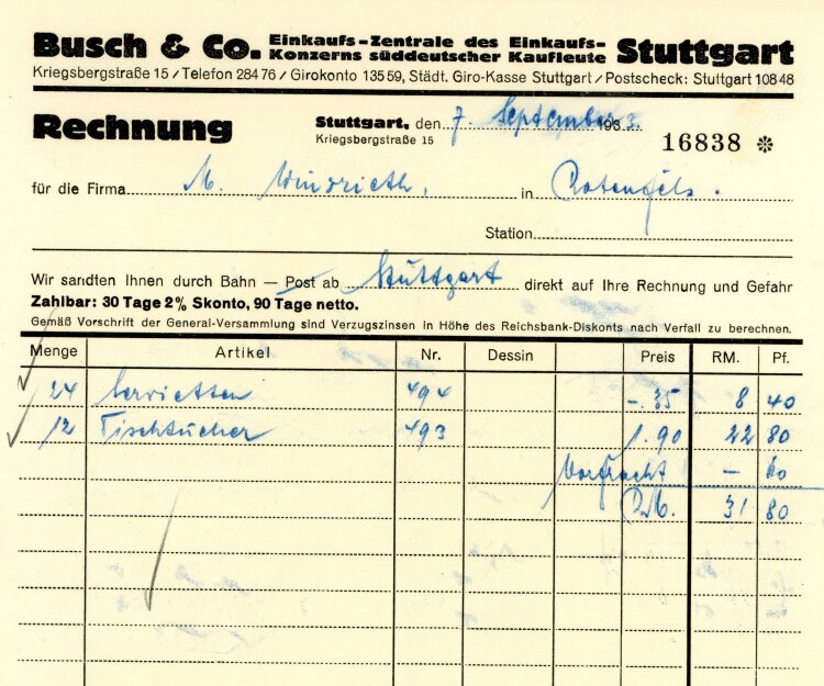 Busch & Co.  Einkaufs-Zentrale des Einkaufs-Konzerns süddeutscher Kaufleute Stuttgart  - Rechnung  - 07.09.1933