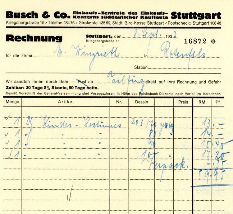 Busch & Co.  Einkaufs-Zentrale des Einkaufs-Konzerns süddeutscher Kaufleute Stuttgart  - Rechnung  - 08.09.1933